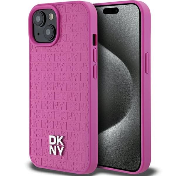 iPhone 15-fodral - DKNY Lädermönster Metallogo MagSafe (DKHMP15SPSHRPSP) - Rosa