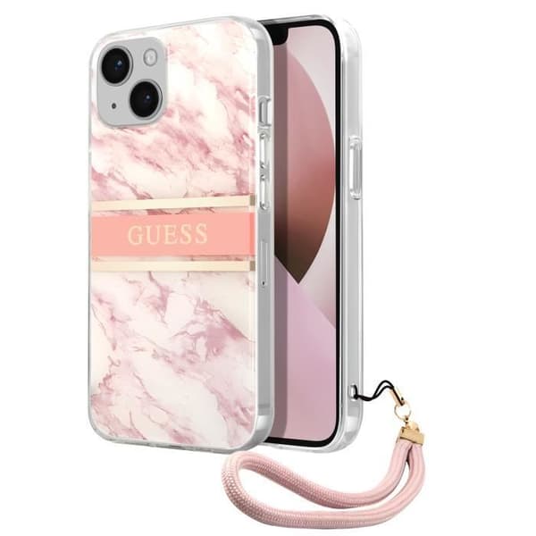 Coque för iPhone 13 Mini Med Förhöjda Kanter och Avtagbar Rem Guess Rosa