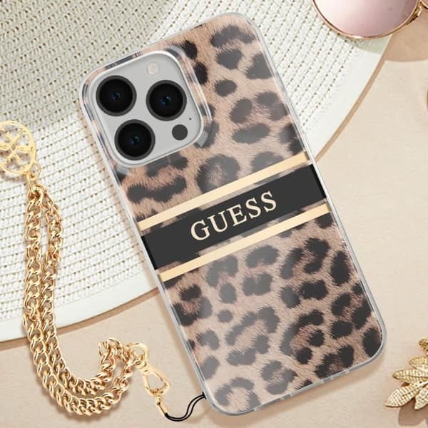 iPhone 13 Pro Leopardfodral med Avtagbar Charm Guess Brun