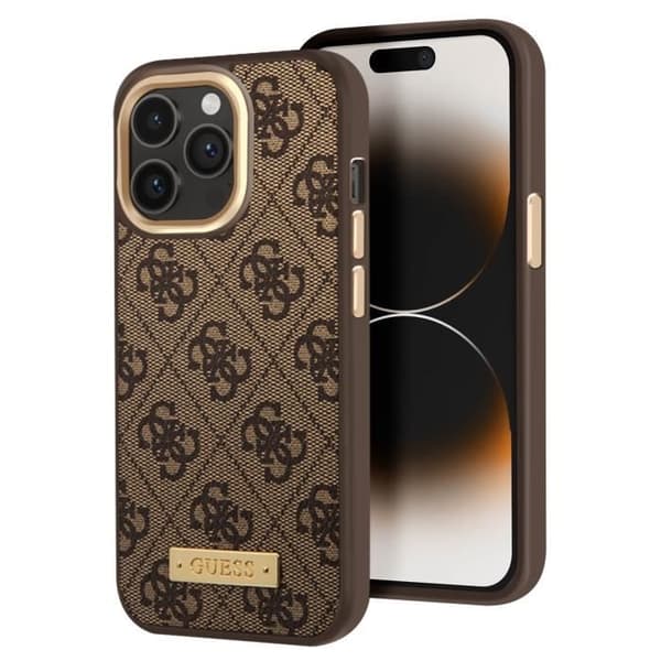 Elegant MagSafe-skal för iPhone 14 Pro 4G Metallplatta Guess Brun