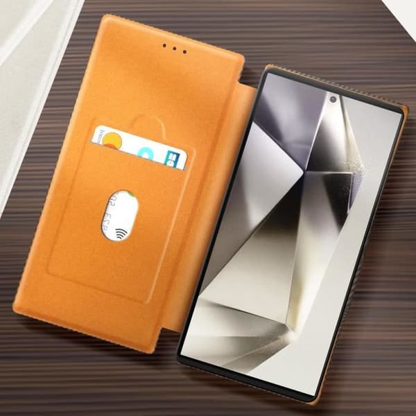 Etui för Samsung S24 Ultra Kolfiber Med Videostöd och Anti-RFID Brun