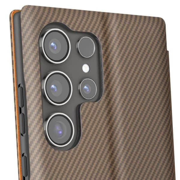Etui för Samsung S24 Ultra Kolfiber Med Videostöd och Anti-RFID Brun