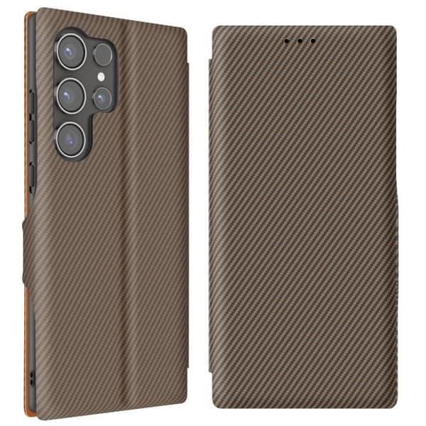 Etui för Samsung S24 Ultra Kolfiber Med Videostöd och Anti-RFID Brun