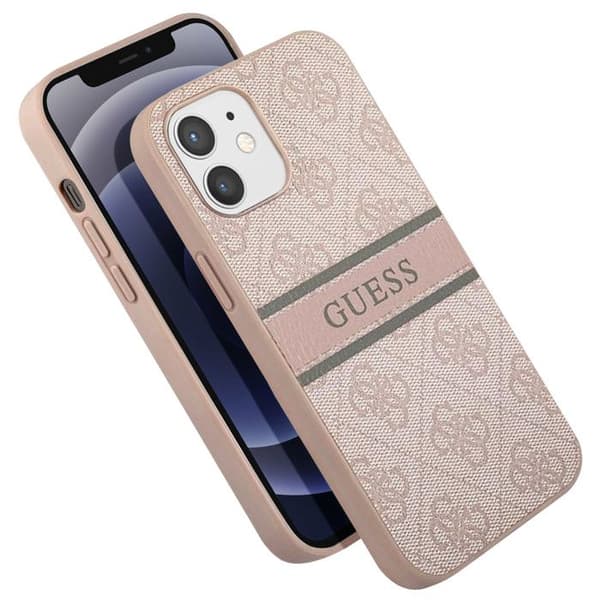 Coque för iPhone 12 i tryckt läder med monokrom rem - Rosa