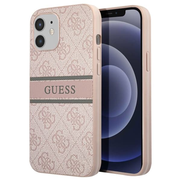 Coque för iPhone 12 i tryckt läder med monokrom rem - Rosa