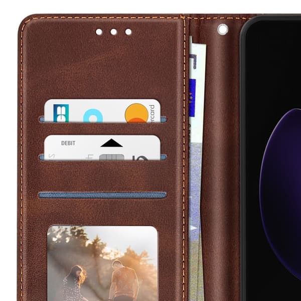 Fodral för Oppo Reno 13 F och 13 FS med rem, klaff, ställ och plånbok i mörkbrun