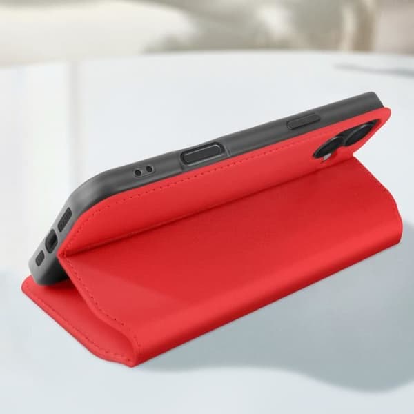 Fodral för iPhone 16 Plus med korthållare och videostöd i röd.