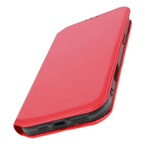 Fodral för iPhone 16 Plus med korthållare och videostöd i röd.
