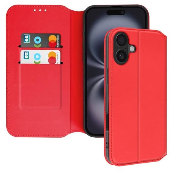 Fodral för iPhone 16 Plus med korthållare och videostöd i röd.