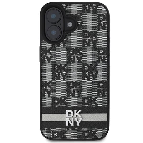 iPhone 16-fodral - DKNY läderhårdskal med rutig mönster och tryckta ränder (DKHCP16SPCPTSSK) - Noir