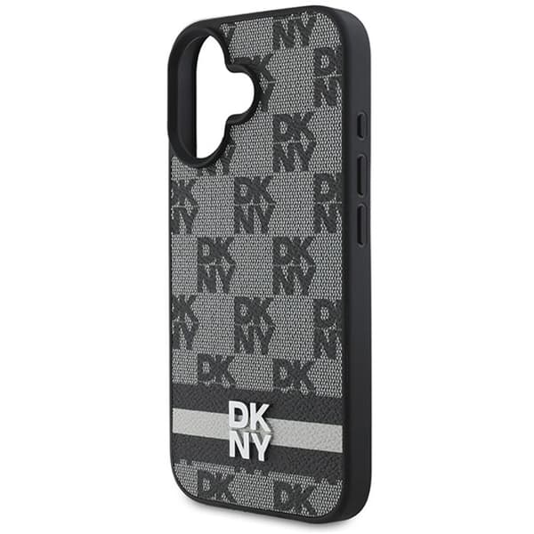 iPhone 16-fodral - DKNY läderhårdskal med rutig mönster och tryckta ränder (DKHCP16SPCPTSSK) - Noir