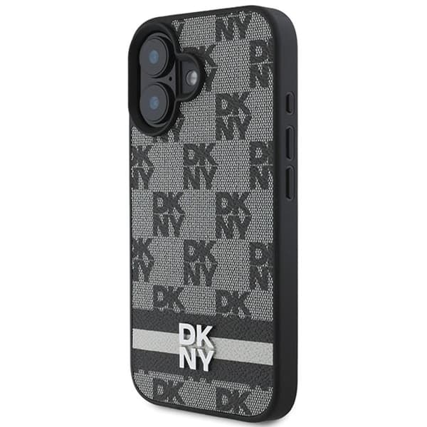 iPhone 16-fodral - DKNY läderhårdskal med rutig mönster och tryckta ränder (DKHCP16SPCPTSSK) - Noir