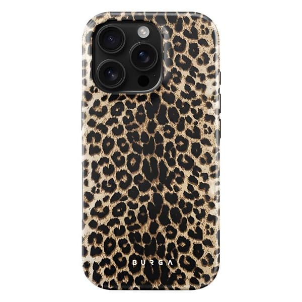 Stötsäker leopardmönstrad iPhone 16 Pro-fodral med upphöjda kanter