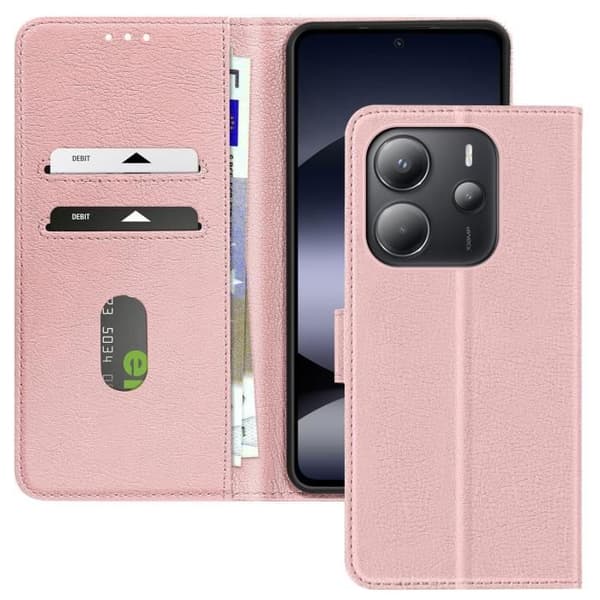Étui för Xiaomi Redmi Note 14 4G Kläpp Plånbok och Videostöd Rosé Champagne