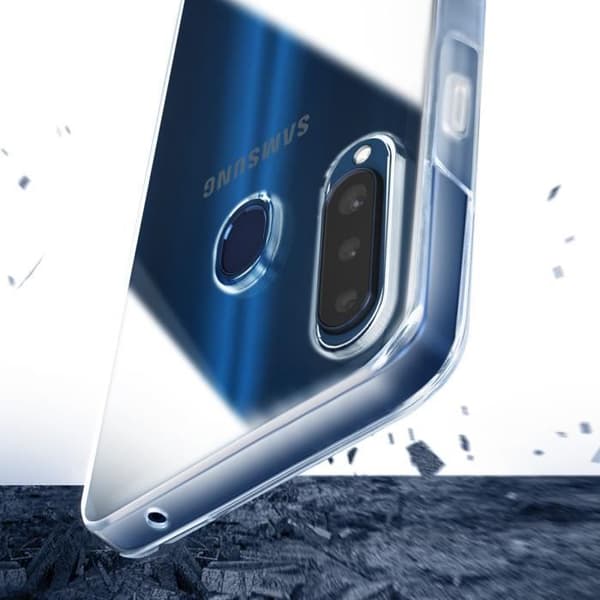 Heltäckande skal för Samsung A20s med berörd kamera och genomskinlig design