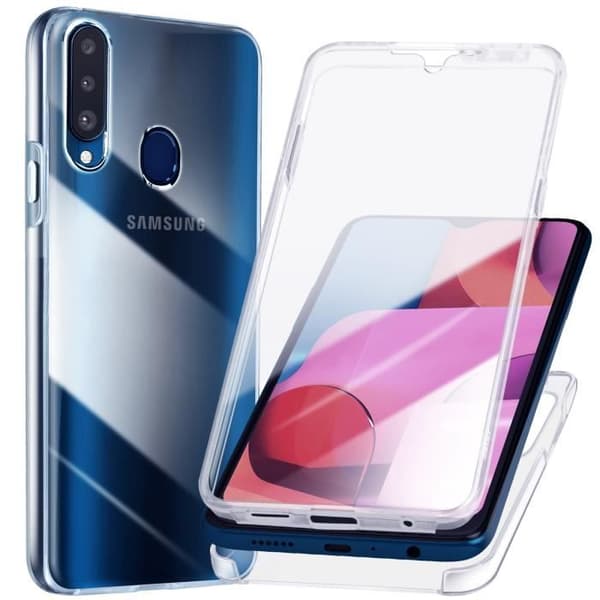 Heltäckande skal för Samsung A20s med berörd kamera och genomskinlig design