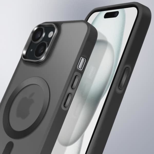 Coque MagSafe för iPhone 15 Plus och 14 Plus Matt Frostad Baksida Svart Kant