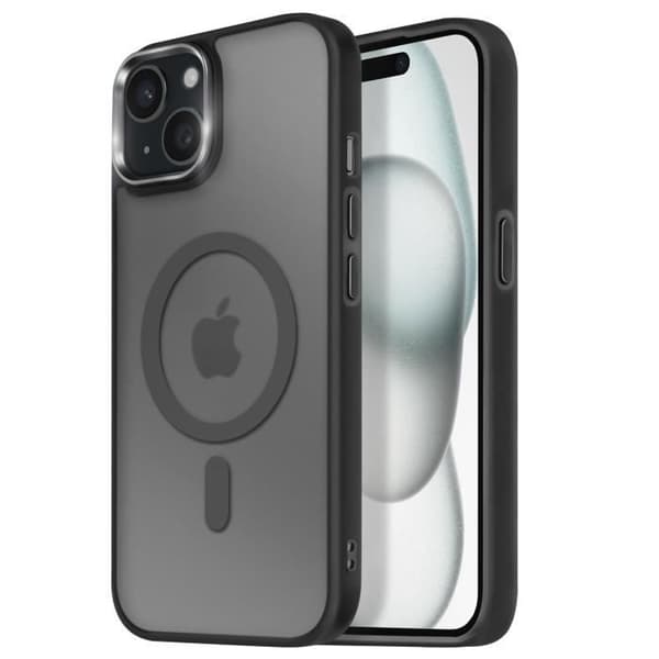 Coque MagSafe för iPhone 15 Plus och 14 Plus Matt Frostad Baksida Svart Kant