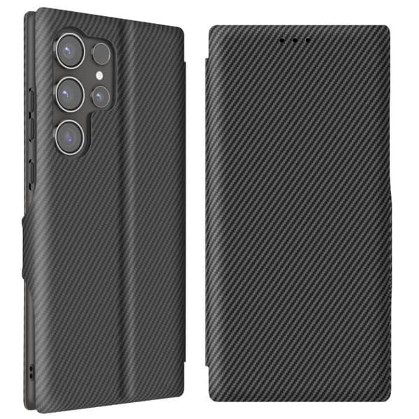 Etui för Samsung S24 Ultra Kolfiber, Video Stöd och Anti-RFID Svart