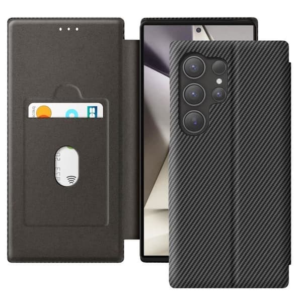 Etui för Samsung S24 Ultra Kolfiber, Video Stöd och Anti-RFID Svart