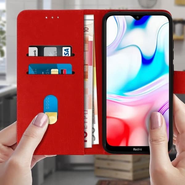Etui - Xiaomi - Redmi 8 och 8A - Heltäckande fodral - Kortfack - Videostöd - Röd