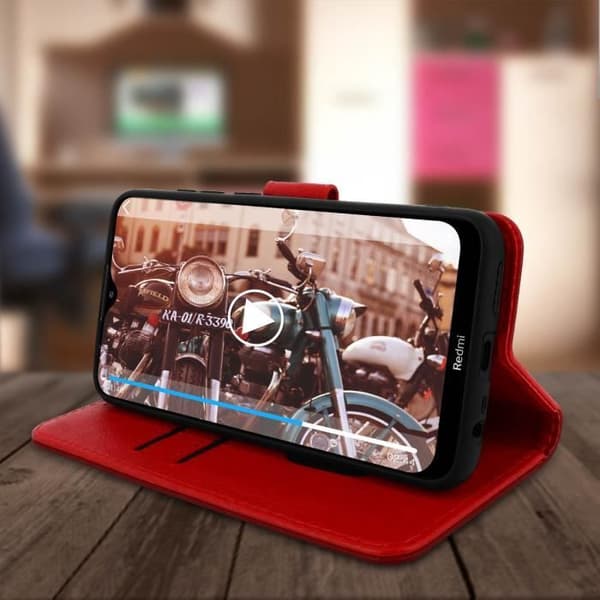 Etui - Xiaomi - Redmi 8 och 8A - Heltäckande fodral - Kortfack - Videostöd - Röd