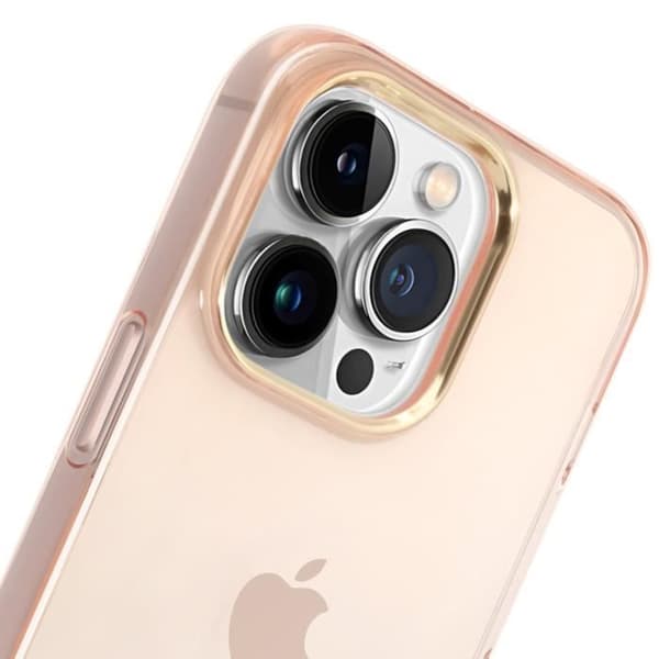 Coque för iPhone 14 Pro Max med transparent design och Guess rosa pärlor.