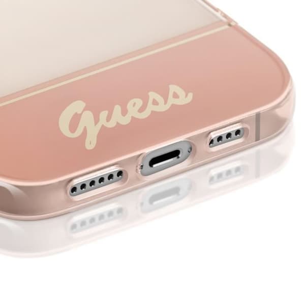 Coque för iPhone 14 Pro Max med transparent design och Guess rosa pärlor.