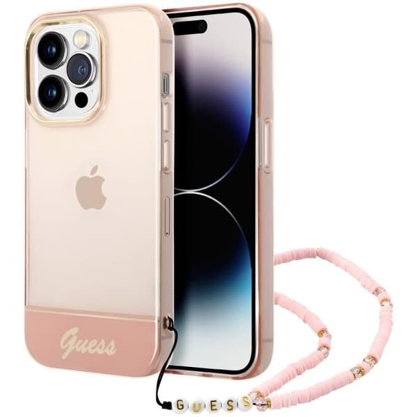 Coque för iPhone 14 Pro Max med transparent design och Guess rosa pärlor.
