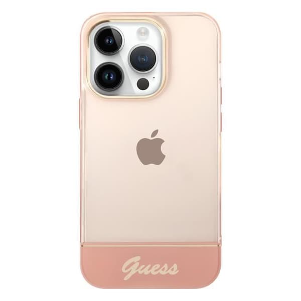 Coque för iPhone 14 Pro Max med transparent design och Guess rosa pärlor.