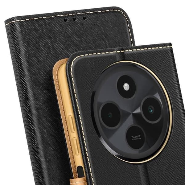 Fodral för Xiaomi Redmi 14C Plånbok Läder Saffiano Fancy Svart / Guld