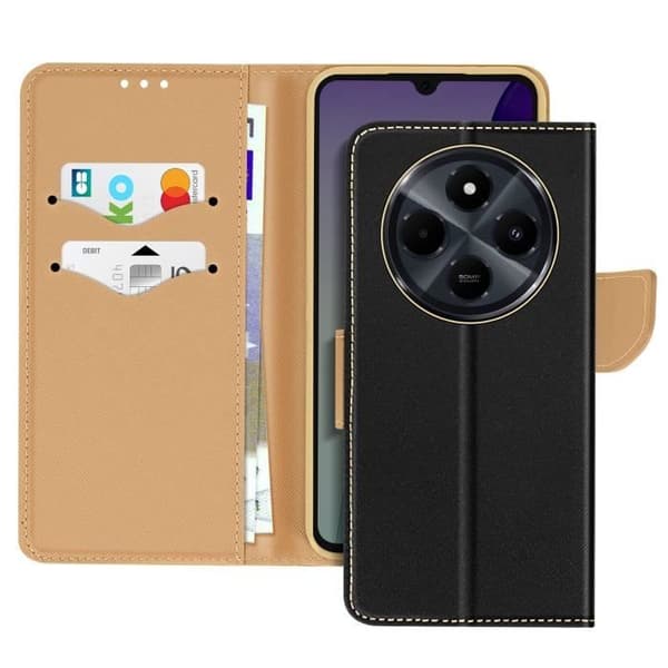 Fodral för Xiaomi Redmi 14C Plånbok Läder Saffiano Fancy Svart / Guld