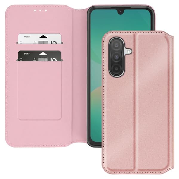 Etui för Samsung Galaxy A26 med klapp, kortfack och videostöd i rosa