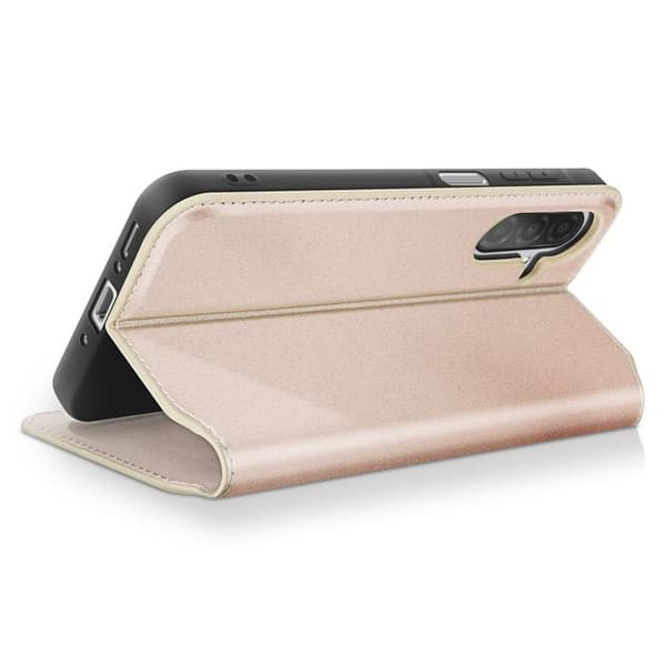 Etui för Samsung Galaxy A26 med klämma, kortfack och videostöd i guld.