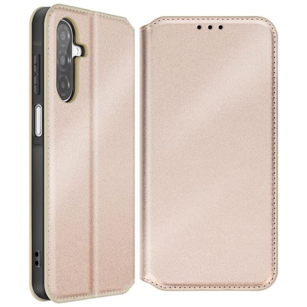 Etui för Samsung Galaxy A26 med klämma, kortfack och videostöd i guld.