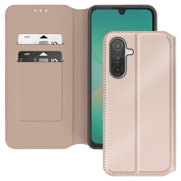 Etui för Samsung Galaxy A26 med klämma, kortfack och videostöd i guld.