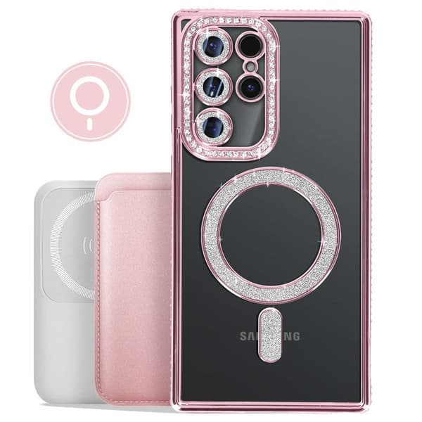 Coque Diamant för Samsung Galaxy S25 Ultra MagSafe Kontur Strass Rosa