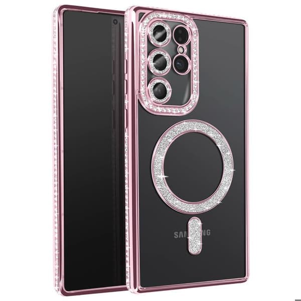 Coque Diamant för Samsung Galaxy S25 Ultra MagSafe Kontur Strass Rosa
