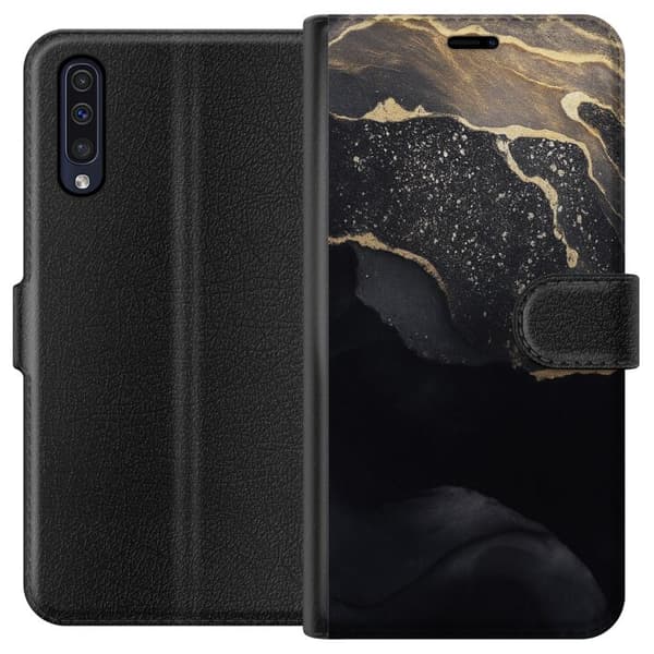 Samsung Galaxy A50 Tegnebogsetui Sort guld abstrakt