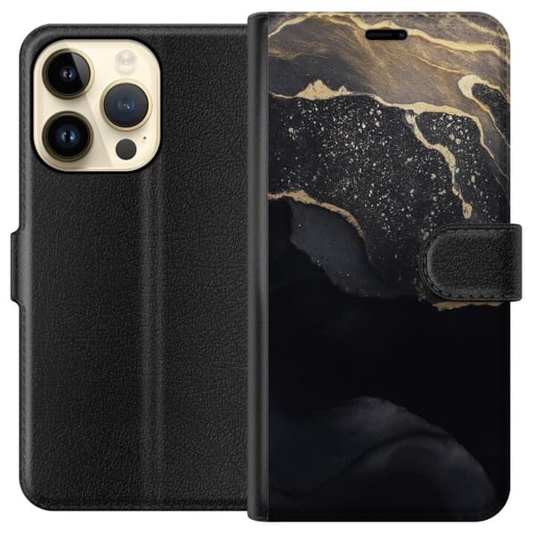 Apple iPhone 14 Pro Tegnebogsetui Sort guld abstrakt