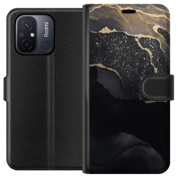 Xiaomi Redmi 12C Tegnebogsetui Sort guld abstrakt