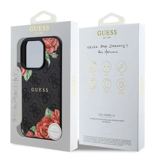 Coque för iPhone 16 Pro Max - Guess Hardcase 4G Flower Print Flower Print MagSafe (GUHMP16XP4ROPEMCK) - Svart