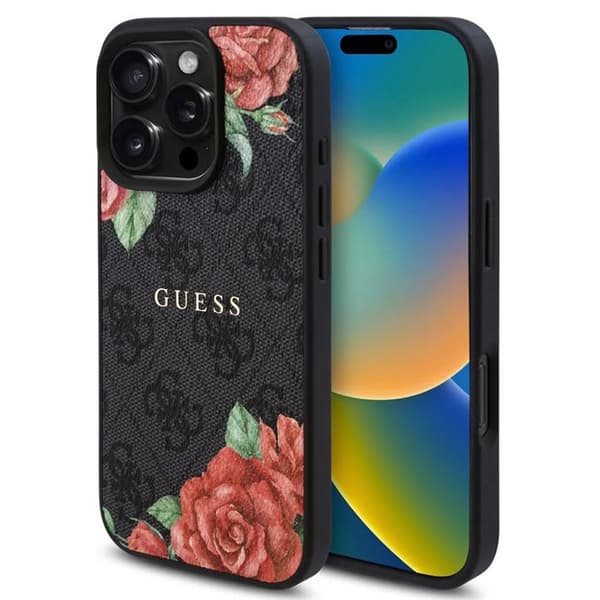 Coque för iPhone 16 Pro Max - Guess Hardcase 4G Flower Print Flower Print MagSafe (GUHMP16XP4ROPEMCK) - Svart