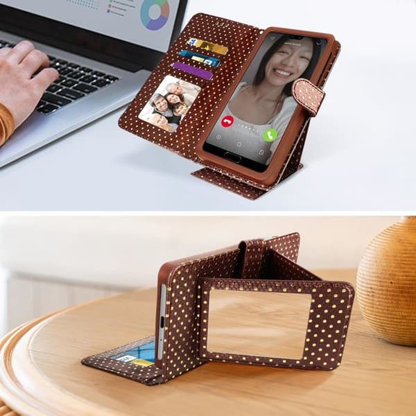Smartphone Etui med Prickar 5,0 till 5,3 Flip Plånbok Stöd och Spegel brun