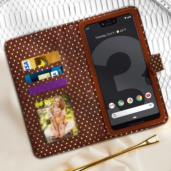 Smartphone Etui med Prickar 5,0 till 5,3 Flip Plånbok Stöd och Spegel brun