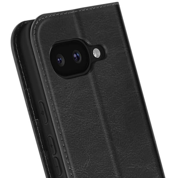 Plånboksfodral i läder för Google Pixel 9a med videostöd i svart
