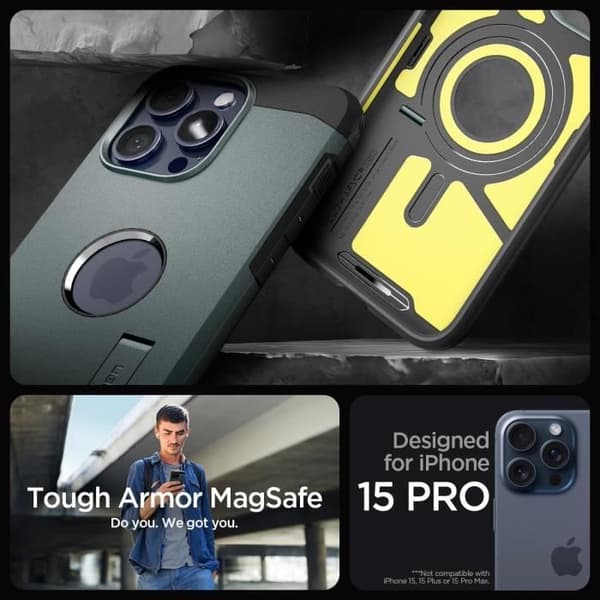 Spigen Magnetiskt Skal för iPhone 15 Pro Stöttålig med Ställ Tough Armor MagFit - Grön
