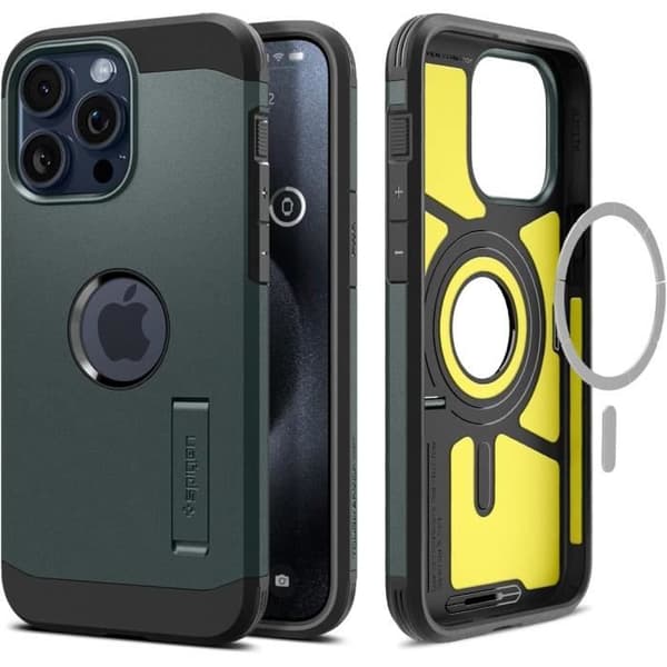Spigen Magnetiskt Skal för iPhone 15 Pro Stöttålig med Ställ Tough Armor MagFit - Grön
