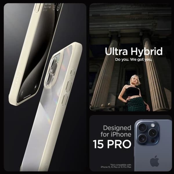 Spigen Ultra Hybrid-telefonfodral i PC-bak och TPU-bumper för iPhone 15 Pro - Beige Muet