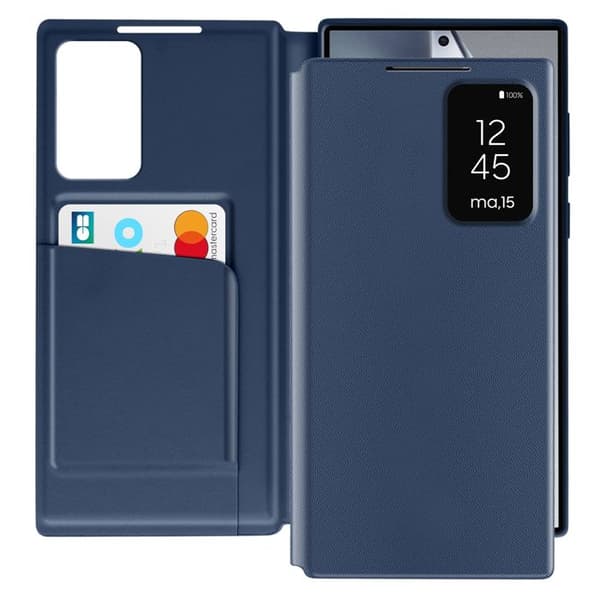 Fönsteretui för Samsung Galaxy S24 Ultra med kortficklock i nattblått